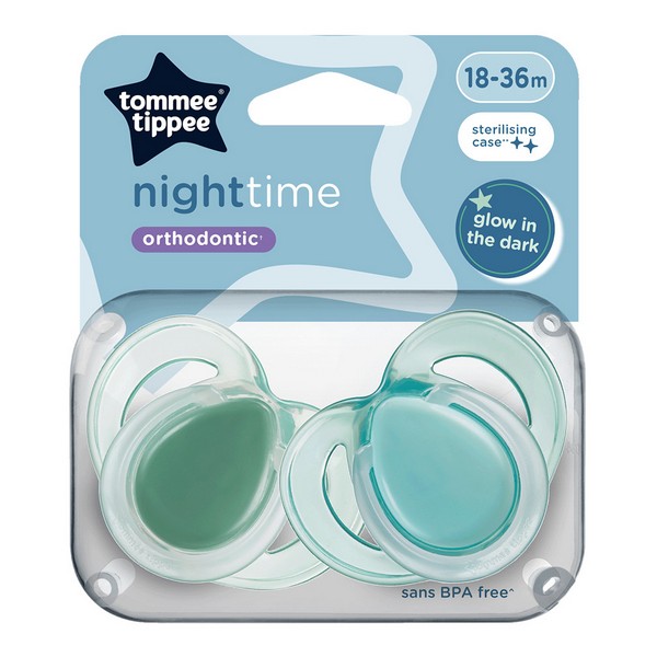 Продукт Tommee Tippee NIGHT TIME - Комплект от 2 бр. ортодонтични залъгалки със светеща в тъмното дръжка, 18-36м, в кутия за стерилизиране - 0 - BG Hlapeta