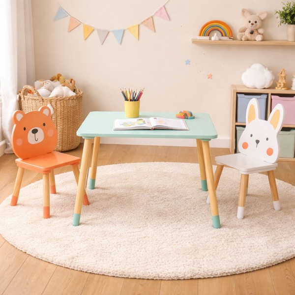 Продукт GINGER HOME Мече и Зайче - Детска Дървена Маса с 2 Столчета, Комплект за Игра и Учене - 0 - BG Hlapeta
