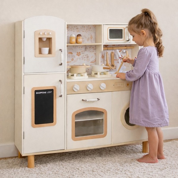Продукт GINGER HOME - Детска Дървена Кухня, Винтидж Модел с Електронни Котлони, Светлини, Звуци и Мивка с Течаща Вода, 91×31×90 см - 0 - BG Hlapeta