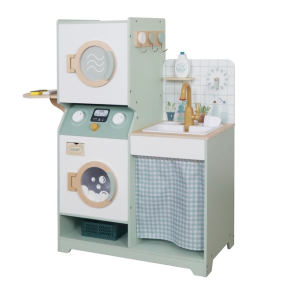 GINGER HOME - Детска Дървена Пералня 3 в 1 с Мивка с Течаща Вода и Сушилня, 86×32×90 см