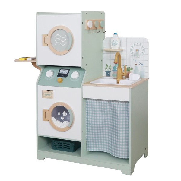 GINGER HOME - Детска Дървена Пералня 3 в 1 с Мивка с Течаща Вода и Сушилня, 86×32×90 см