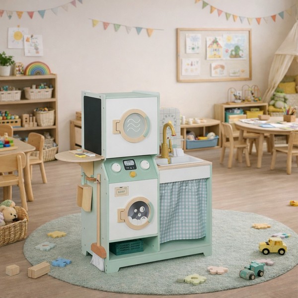 Продукт GINGER HOME - Детска Дървена Пералня 3 в 1 с Мивка с Течаща Вода и Сушилня, 86×32×90 см - 0 - BG Hlapeta