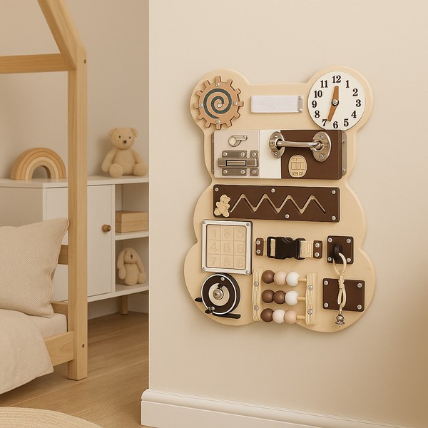 Продукт GINGER HOME - Дървен бизи борд Мече, Монтесори, дъска за фина моторика, 30x39 см - 0 - BG Hlapeta