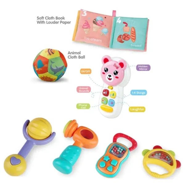 Продукт TEANTOYS - Бебешки подаръчен комплект с музикален телефон, дрънкалки и мека книжка – 7 части - 0 - BG Hlapeta