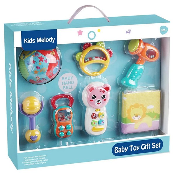 TEANTOYS - Бебешки подаръчен комплект с музикален телефон, дрънкалки и мека книжка – 7 части