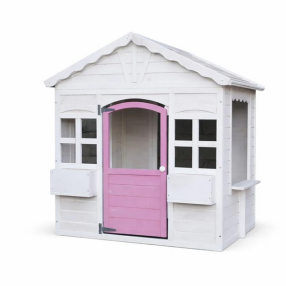 GINGER HOME Детска Дървена Къщичка за Игра – Градинска Къща с Прозорци и Саксии, 123×106×125 см