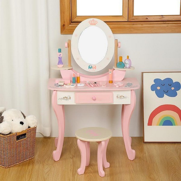 TEANTOYS - Детска дървена тоалетка с огледало и аксесоари