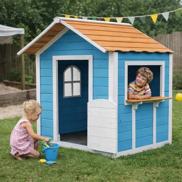 Продукт GINGER HOME Детска Дървена Къщичка за Игра – За Ролеви Игри, Двор и Градина, Синя, 118×138×132.5 см - 0 - BG Hlapeta