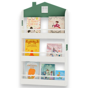 GINGER HOME Детска Етажерка за Книги и Играчки – Къщичка, 3 Рафта, Дърво, 60x12x106 см