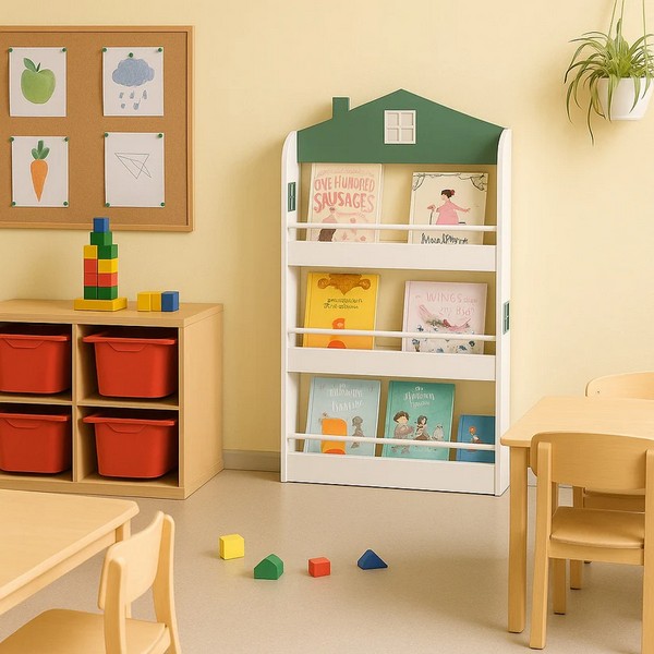 Продукт GINGER HOME Детска Етажерка за Книги и Играчки – Къщичка, 3 Рафта, Дърво, 60x12x106 см - 0 - BG Hlapeta