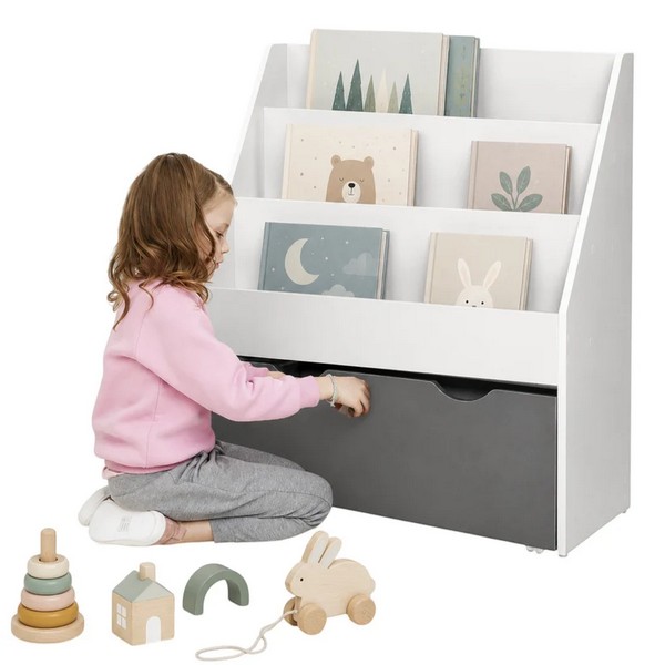 Продукт GINGER HOME - Детска Етажерка за Книги, Бяла Библиотека с Чекмедже на Колелца - 0 - BG Hlapeta