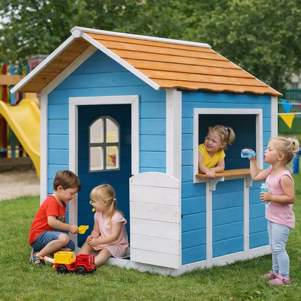 Продукт GINGER HOME Детска Дървена Къщичка за Игра – За Ролеви Игри, Двор и Градина, Синя, 118×138×132.5 см - 0 - BG Hlapeta