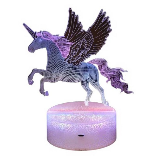 Robe Toy Крилат еднорог - Детска нощна 3D LED лампа, променящи се цветове, 20 см