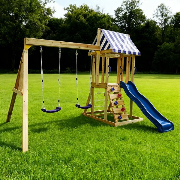 Продукт GINGER HOME - 4 в 1 – Пързалка 1.8 м, 2 Люлки, Катерушка и Въжена Мрежа, 308×318×244 см - 0 - BG Hlapeta