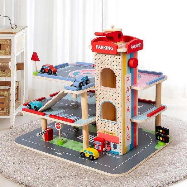 TEANTOYS - Детски дървен паркинг с автомобили многоетажен гараж за игра
