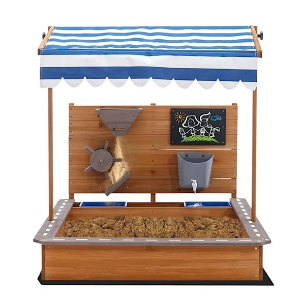 Продукт GINGER HOME Детски Дървен Пясъчник с Регулируем Покрив и Аксесоари – Пясъчна Мелница, Писта за Колички, 103x114x110 см - 0 - BG Hlapeta