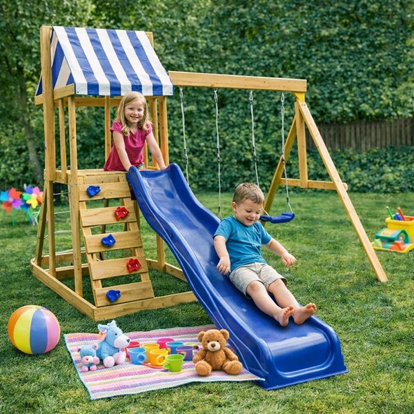 Продукт GINGER HOME - 4 в 1 – Пързалка 1.8 м, 2 Люлки, Катерушка и Въжена Мрежа, 308×318×244 см - 0 - BG Hlapeta