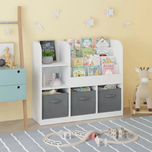 Продукт GINGER HOME Детски Органайзер, Етажерка с Рафтове за Играчки и Книги, 3 Текстилни Кутии, Дървен, Бял, 92x30x80 см. - 0 - BG Hlapeta