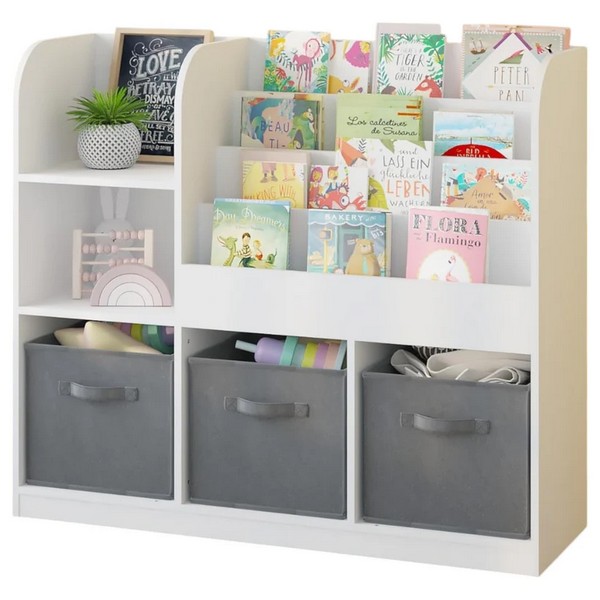 Продукт GINGER HOME Детски Органайзер, Етажерка с Рафтове за Играчки и Книги, 3 Текстилни Кутии, Дървен, Бял, 92x30x80 см. - 0 - BG Hlapeta