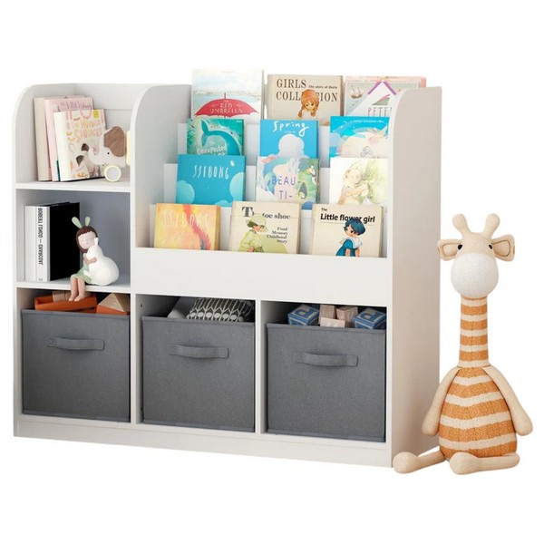 Продукт GINGER HOME Детски Органайзер, Етажерка с Рафтове за Играчки и Книги, 3 Текстилни Кутии, Дървен, Бял, 92x30x80 см. - 0 - BG Hlapeta