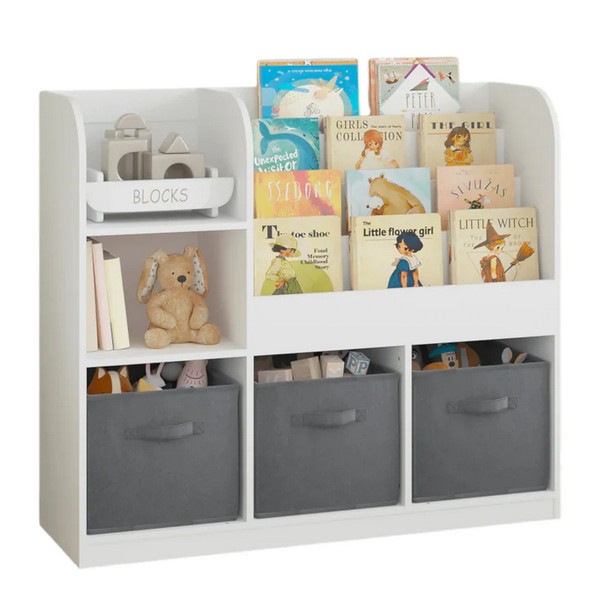 Продукт GINGER HOME Детски Органайзер, Етажерка с Рафтове за Играчки и Книги, 3 Текстилни Кутии, Дървен, Бял, 92x30x80 см. - 0 - BG Hlapeta