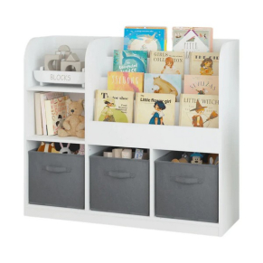 GINGER HOME - Етажерка с Рафтове за Играчки и Книги, 3 Текстилни Кутии, Дървен
