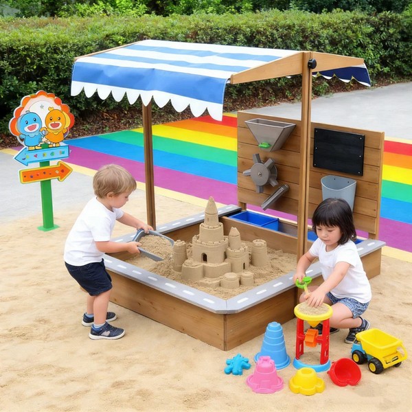 Продукт GINGER HOME Детски Дървен Пясъчник с Регулируем Покрив и Аксесоари – Пясъчна Мелница, Писта за Колички, 103x114x110 см - 0 - BG Hlapeta