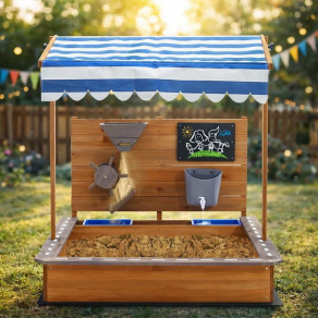 GINGER HOME Детски Дървен Пясъчник с Регулируем Покрив и Аксесоари – Пясъчна Мелница, Писта за Колички, 103x114x110 см