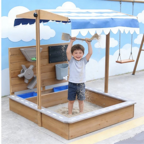 Продукт GINGER HOME Детски Дървен Пясъчник с Регулируем Покрив и Аксесоари – Пясъчна Мелница, Писта за Колички, 103x114x110 см - 0 - BG Hlapeta