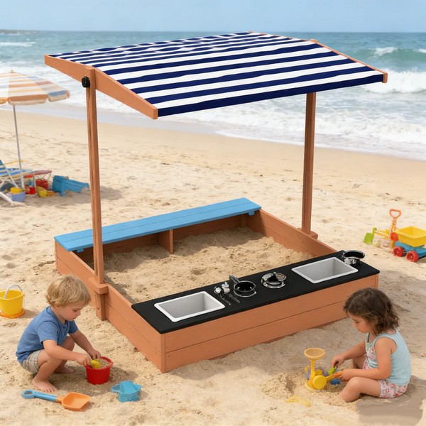 Продукт Ginger Home  Детски Дървен Пясъчник 3в1 с Кухня, Пейка и Сенник с UV Защита 110x114x110 см – Игра на Открито - 0 - BG Hlapeta
