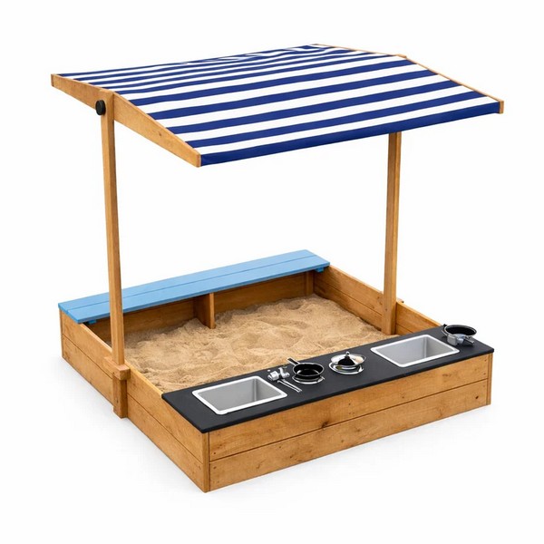 Ginger Home  Детски Дървен Пясъчник 3в1 с Кухня, Пейка и Сенник с UV Защита 110x114x110 см – Игра на Открито
