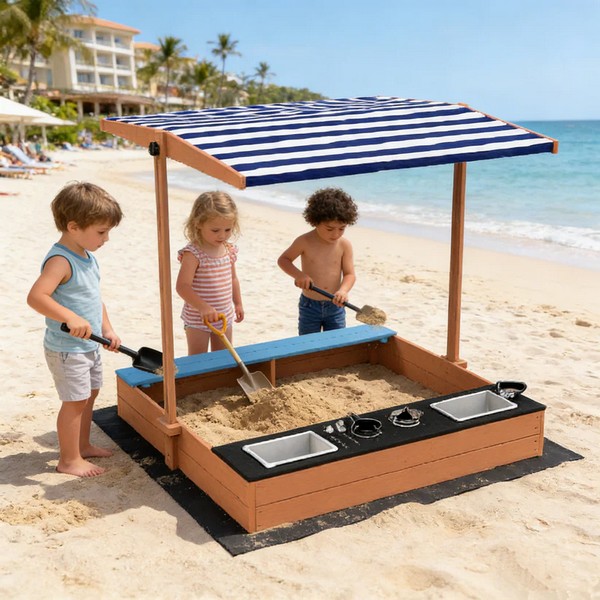 Продукт Ginger Home  Детски Дървен Пясъчник 3в1 с Кухня, Пейка и Сенник с UV Защита 110x114x110 см – Игра на Открито - 0 - BG Hlapeta