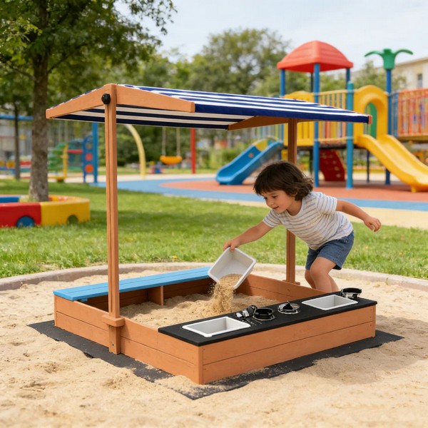 Продукт Ginger Home  Детски Дървен Пясъчник 3в1 с Кухня, Пейка и Сенник с UV Защита 110x114x110 см – Игра на Открито - 0 - BG Hlapeta