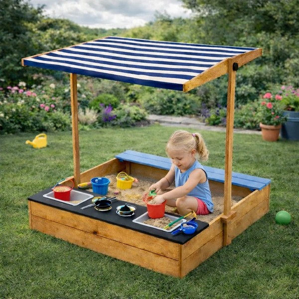 Продукт Ginger Home  Детски Дървен Пясъчник 3в1 с Кухня, Пейка и Сенник с UV Защита 110x114x110 см – Игра на Открито - 0 - BG Hlapeta