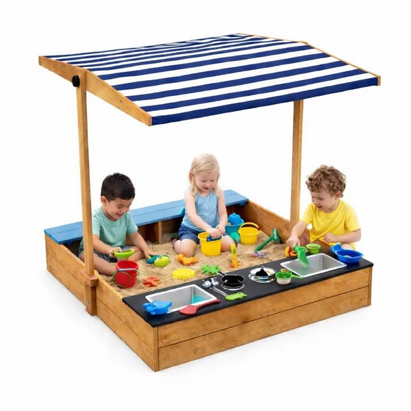 Продукт Ginger Home  Детски Дървен Пясъчник 3в1 с Кухня, Пейка и Сенник с UV Защита 110x114x110 см – Игра на Открито - 0 - BG Hlapeta