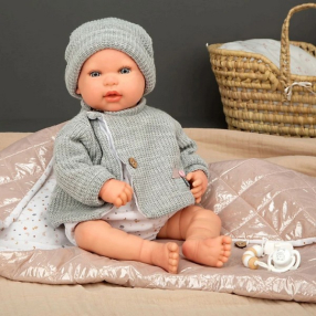 Arias Оливия - Кукла-бебе със сива вълнена жилетка и спален чувал, 45 см.