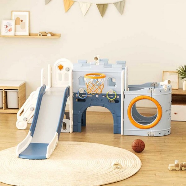 Продукт GUGA - Мултифункционален детски център Кораб с пързалка, тунел и баскетболен кош - син - 0 - BG Hlapeta