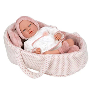 Arias - Плачеща кукла-бебе Лусия в розов кош и биберон - 40 см