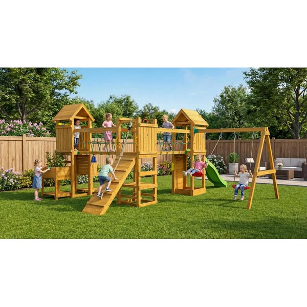 Fungoo Optimizer TEAK - Детска площадка с 3 кули, пързалка и люлка
