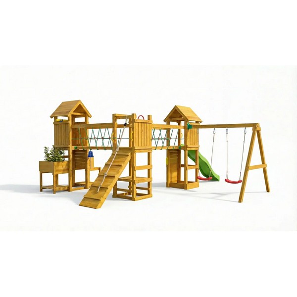 Продукт Fungoo Optimizer TEAK - Детска площадка с 3 кули, пързалка и люлка - 0 - BG Hlapeta