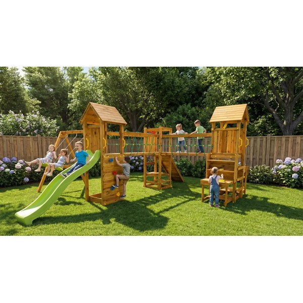 Продукт Fungoo Optimizer TEAK - Детска площадка с 3 кули, пързалка и люлка - 0 - BG Hlapeta