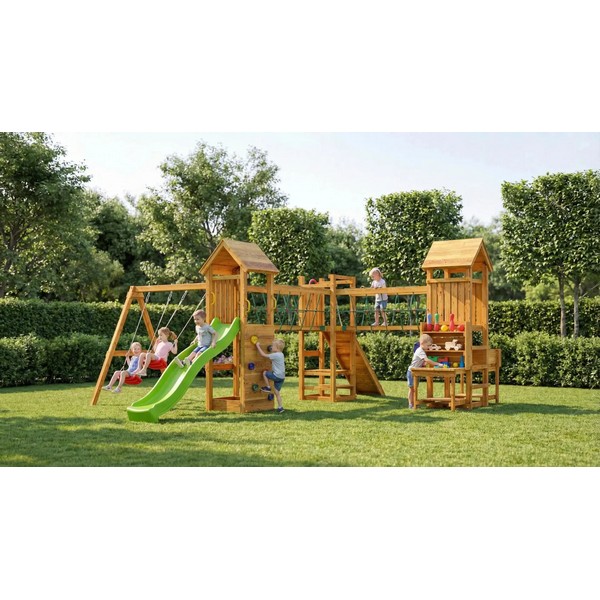 Продукт Fungoo Optimizer TEAK - Детска площадка с 3 кули, пързалка и люлка - 0 - BG Hlapeta