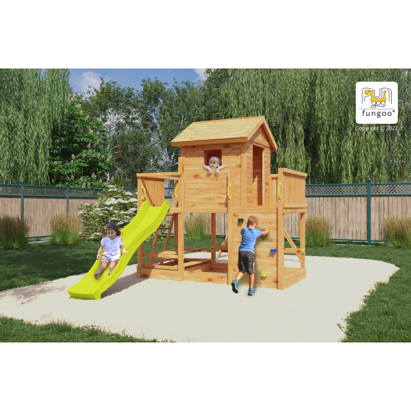Fungoo MARS TEAK - Детска площадка с къща, пързалка и 2 люлки