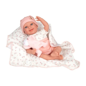 Arias Колийн - Усмихната кукла-бебе в розово с одеялце и плюшена играчка, реално тегло, 40 см.