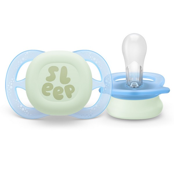 Продукт Philips AVENT Ultra Start Night - 2 бр. светещи в тъмното ортодонтски залъгалки за новородени, в синьо и зелено с декор Sleep, в кутия за стерилизиране - 0 - BG Hlapeta