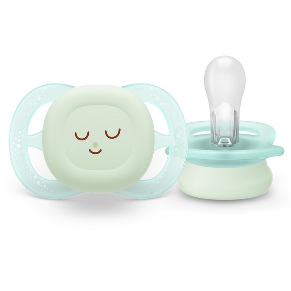 Продукт Philips AVENT Ultra Start Night - 2 бр. светещи в тъмното ортодонтски залъгалки за новородени, в синьо и зелено с декор Sleep, в кутия за стерилизиране - 0 - BG Hlapeta