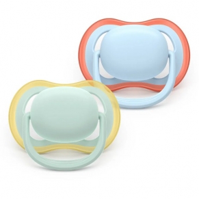 Philips AVENT Ultra Air - 2 броя ортодонтски силиконови залъгалки, 0-6м, пастелни, в кутия за стерилизиране