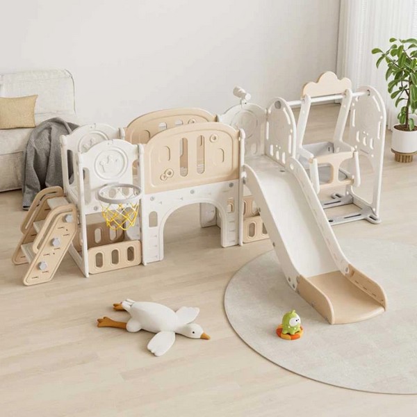 Детски приключенски център за игра 11 в 1 с пързалка, катерушка, люлка и баскет кош