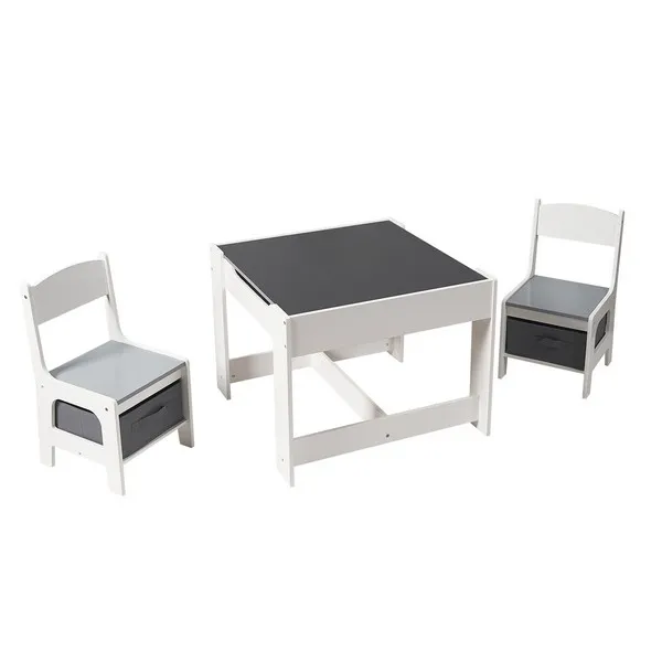  GINGER HOME GINGER HOME - Детска Дървена Маса с 2 Столчета, Комплект, Двустранна с Черна Дъска, 2 в 1 - за Игра и Съхранени 