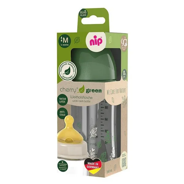 Продукт NIP Cherry Green Flow M - Бебешко шише за хранене стъклено , 240мл, 0 месеца + - 0 - BG Hlapeta